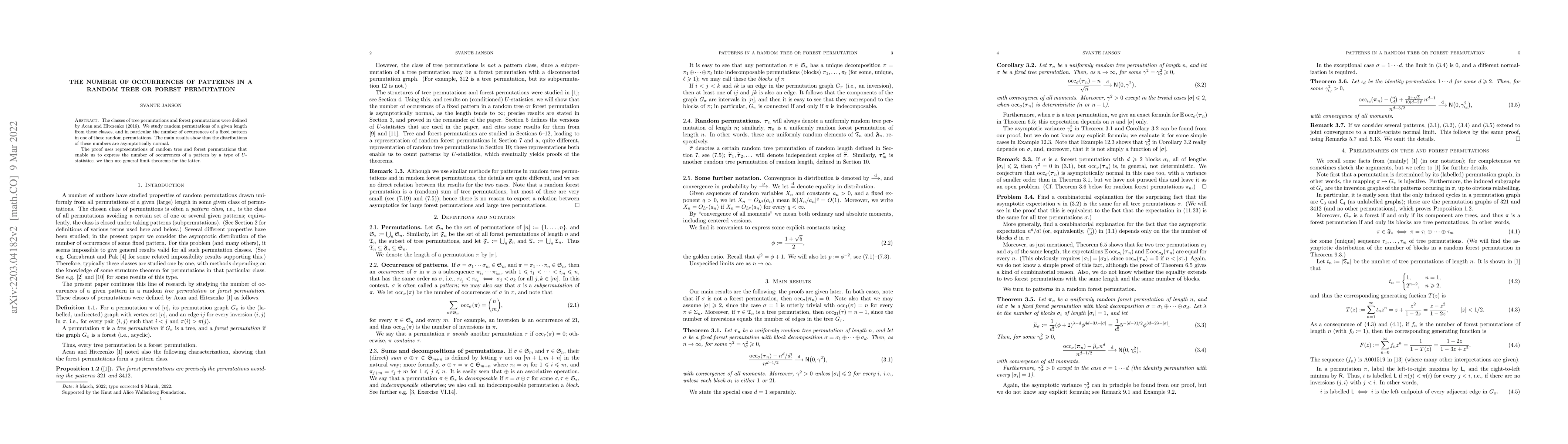 Thumbnail for The number of occurrences of patterns in a random tree or forest
  permutation