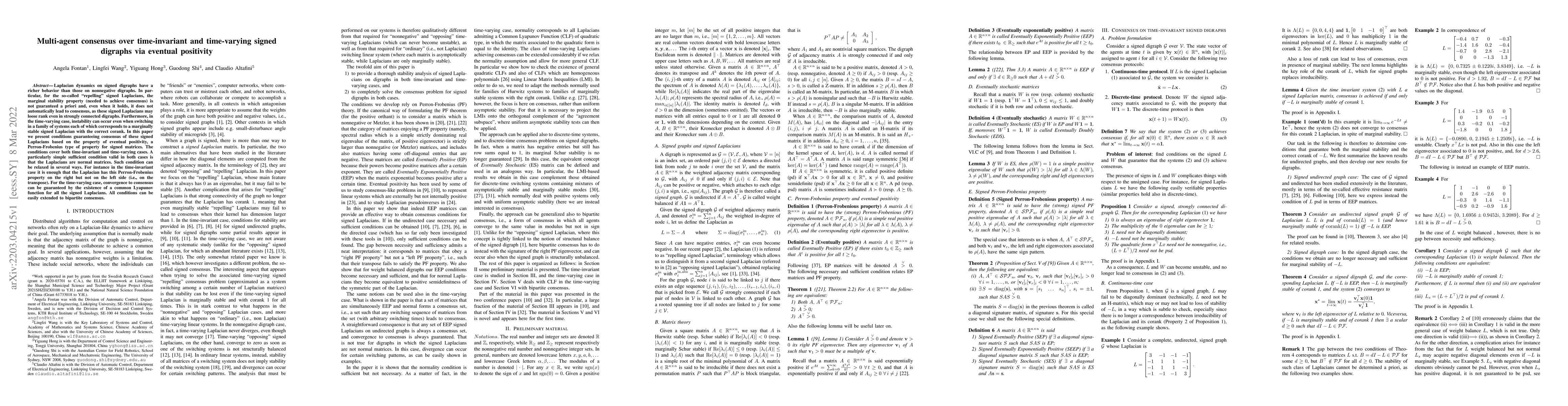 Thumbnail for Multi-agent consensus over time-invariant and time-varying signed
  digraphs via eventual positivity