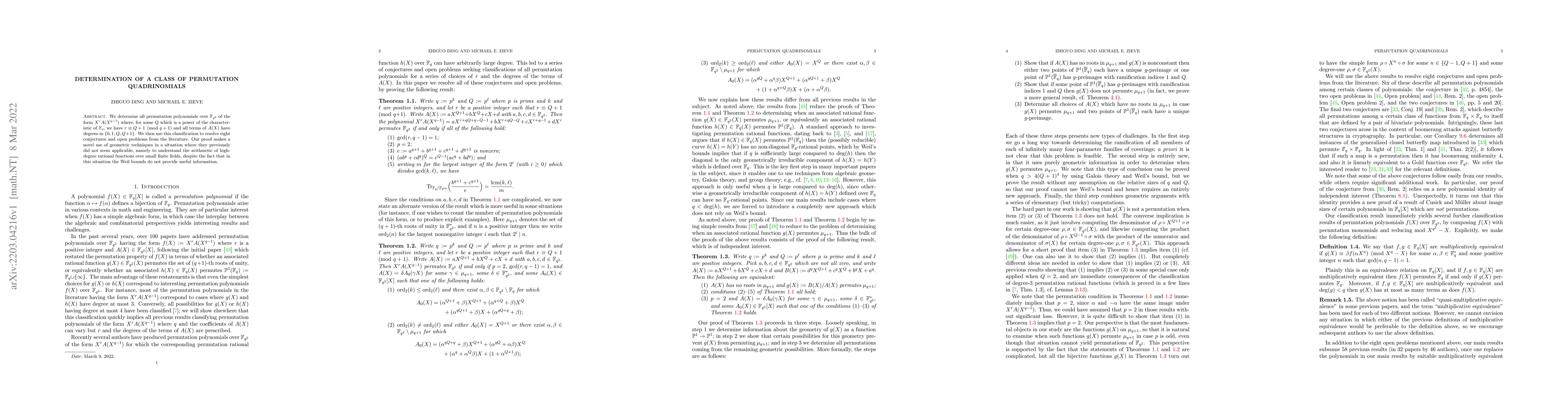 Thumbnail for Determination of a class of permutation quadrinomials