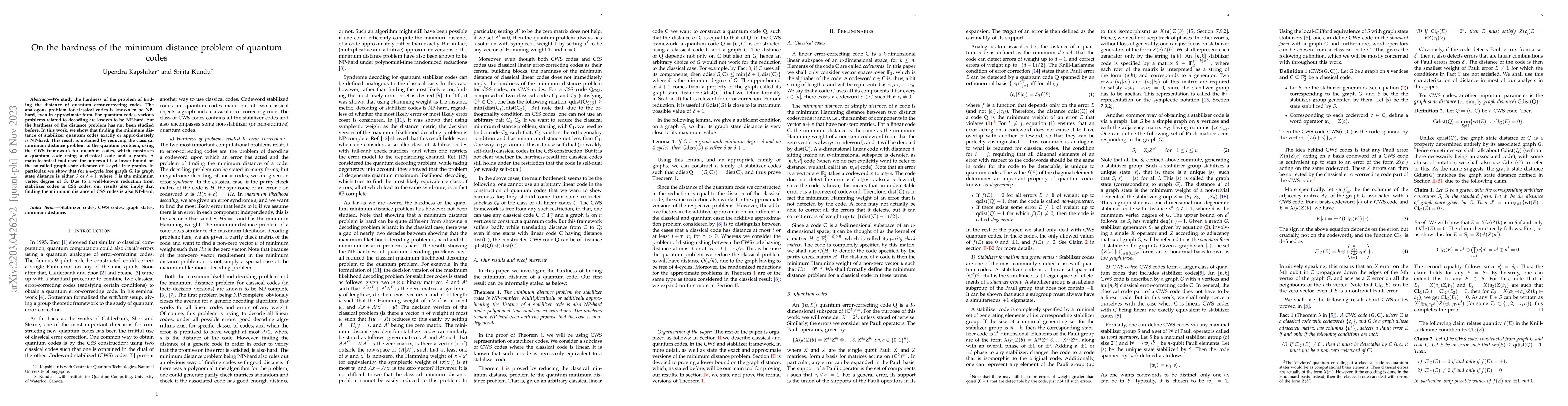 Thumbnail for On the Hardness of the Minimum Distance Problem of Quantum Codes