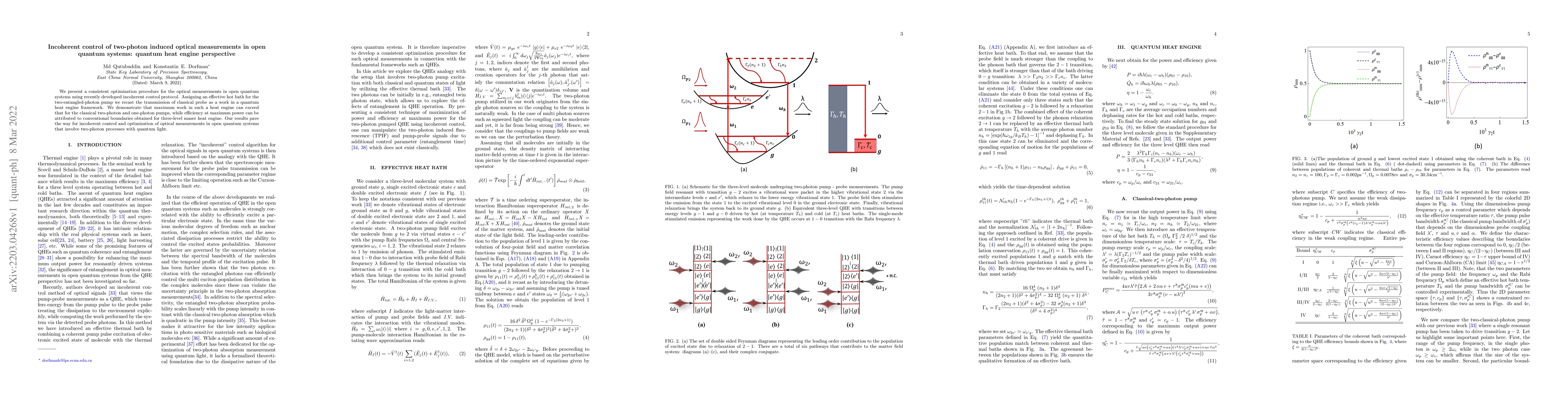 Thumbnail for Incoherent control of two-photon induced optical measurements in open
  quantum systems: quantum heat engine perspective