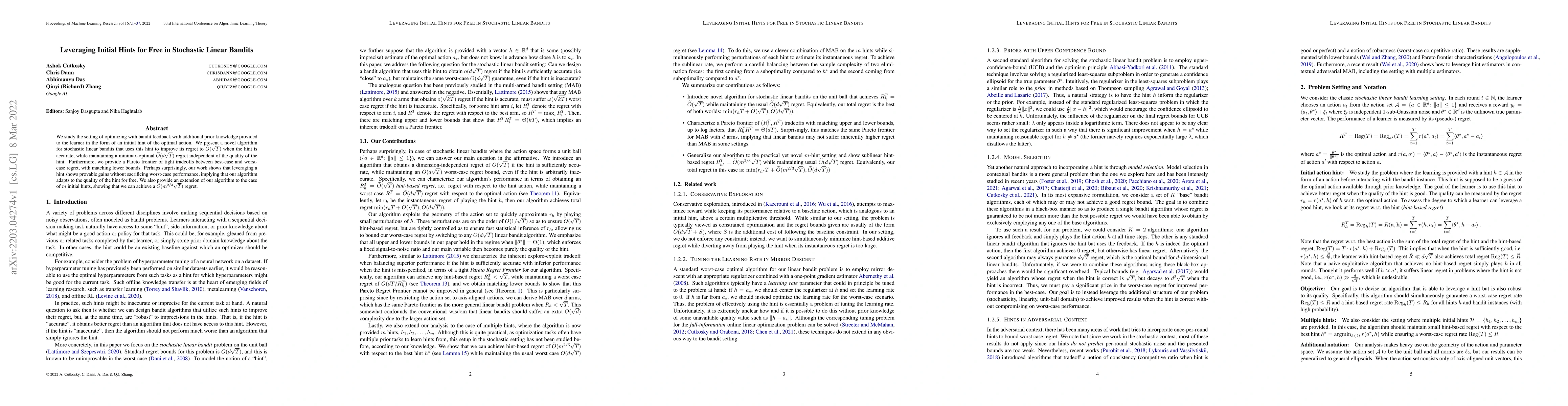 Thumbnail for Leveraging Initial Hints for Free in Stochastic Linear Bandits
