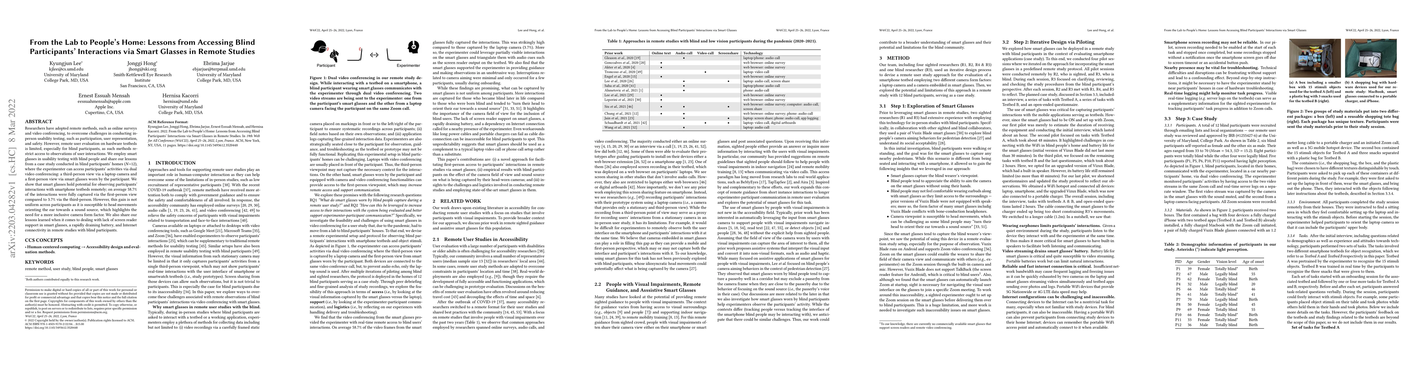 Thumbnail for From the Lab to People's Home: Lessons from Accessing Blind
  Participants' Interactions via Smart Glasses in Remote Studies