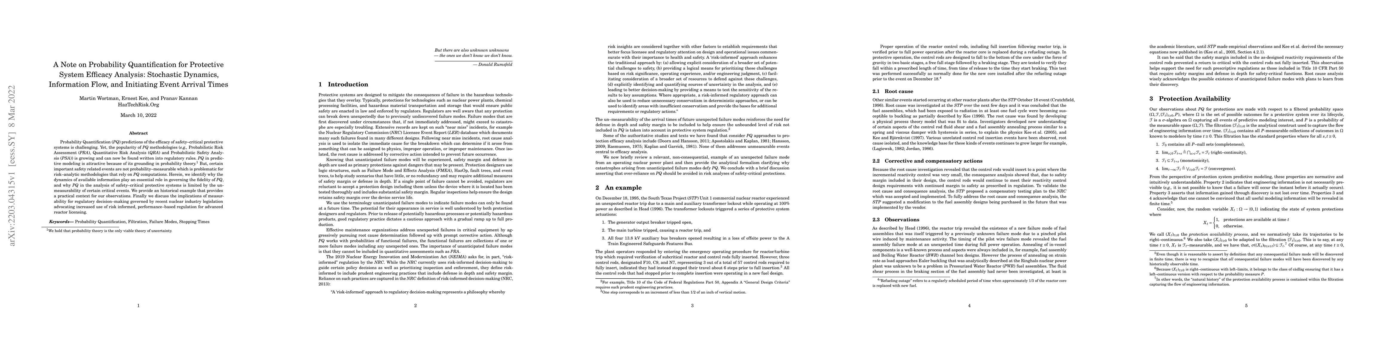 Thumbnail for A Note on Probability Quantification for Protective System Efficacy
  Analysis: Stochastic Dynamics, Information Flow, and Initiating Event Arrival
  Times