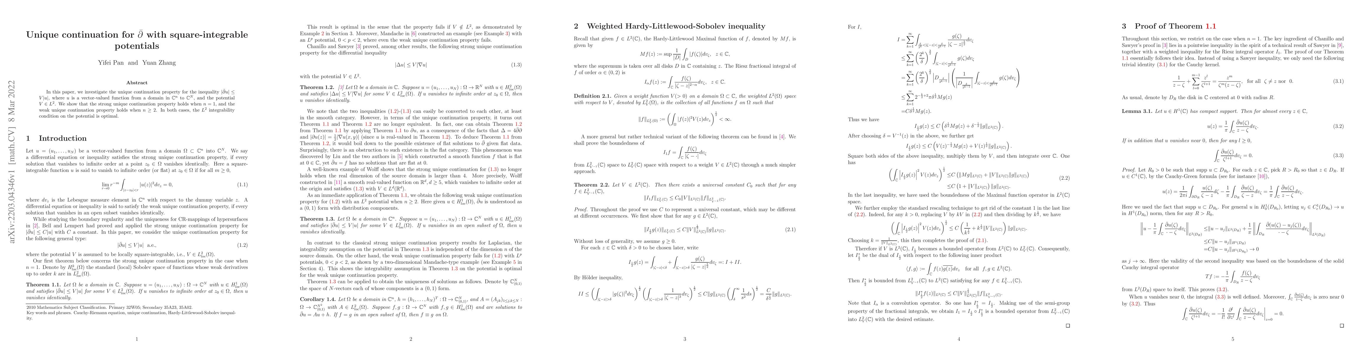 Thumbnail for Unique continuation for $\bar\partial$ with square-integrable potentials