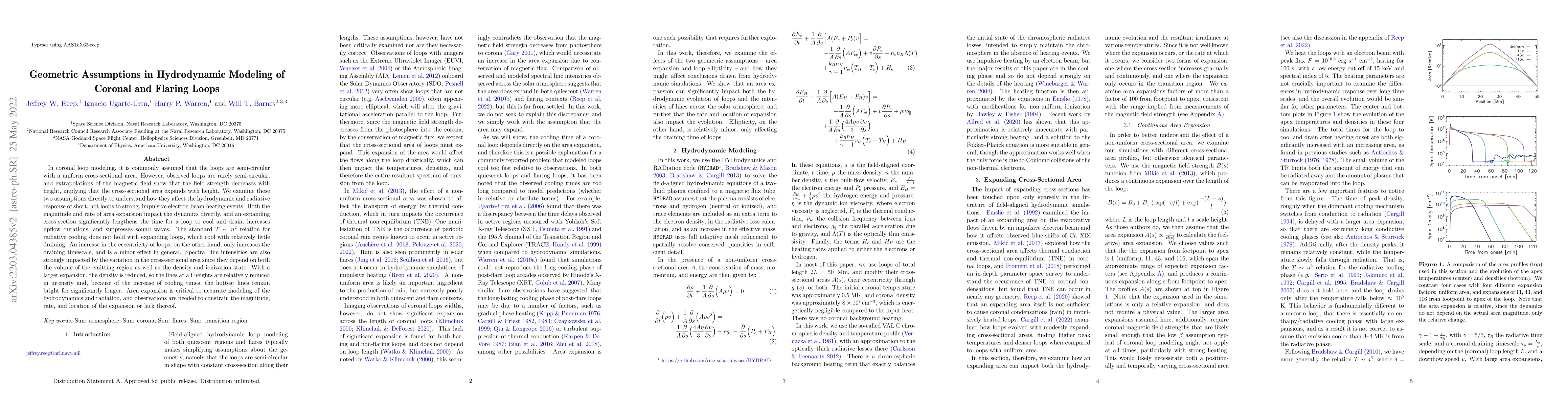 Thumbnail for Geometric Assumptions in Hydrodynamic Modeling of Coronal and Flaring
  Loops