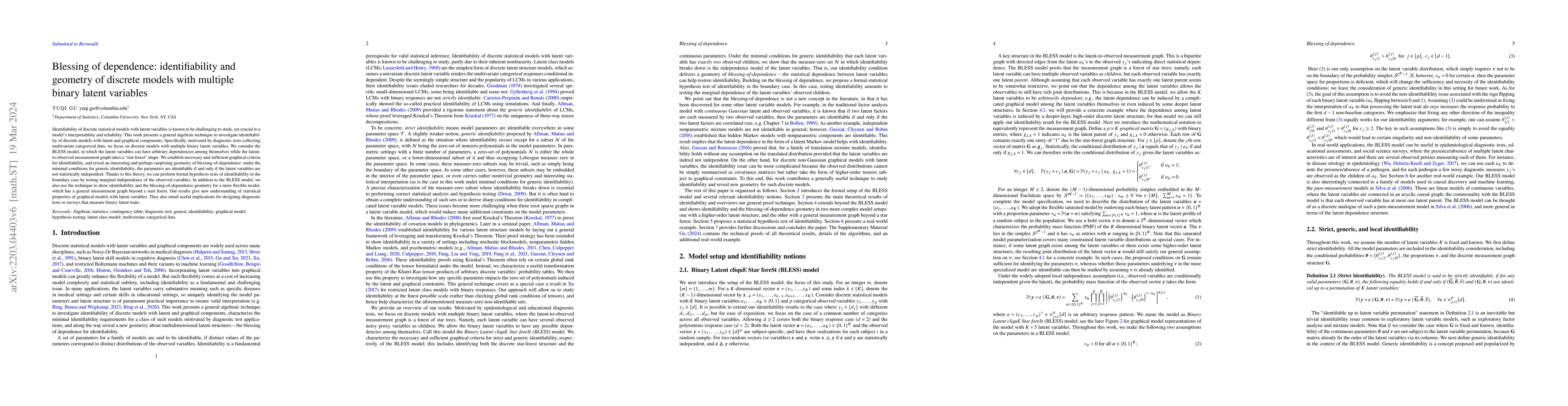 Thumbnail for Blessing of Dependence: Identifiability and Geometry of Discrete Models
  with Multiple Binary Latent Variables