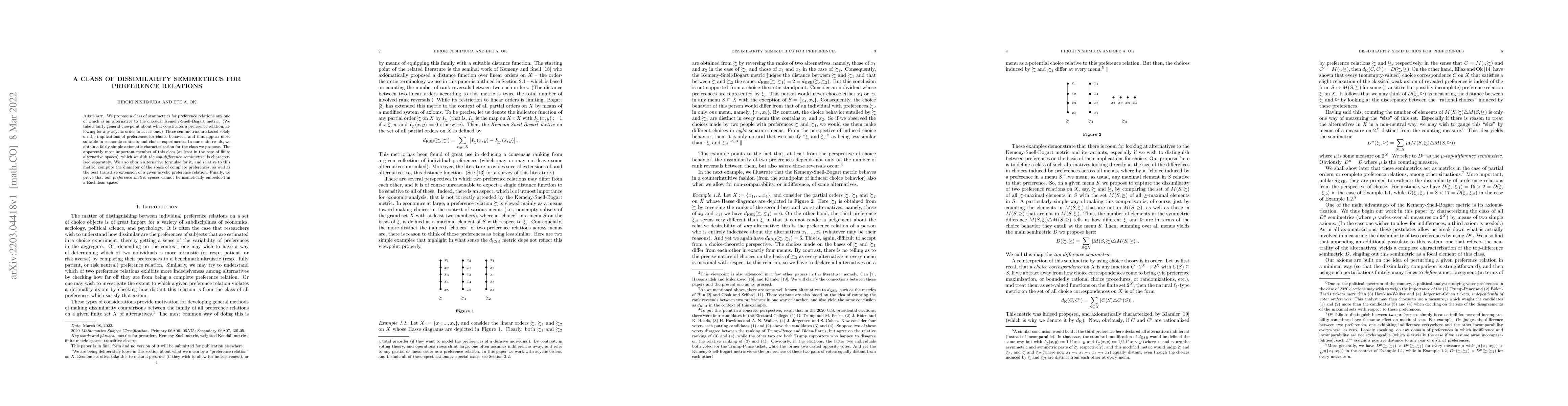Thumbnail for A class of dissimilarity semimetrics for preference relations