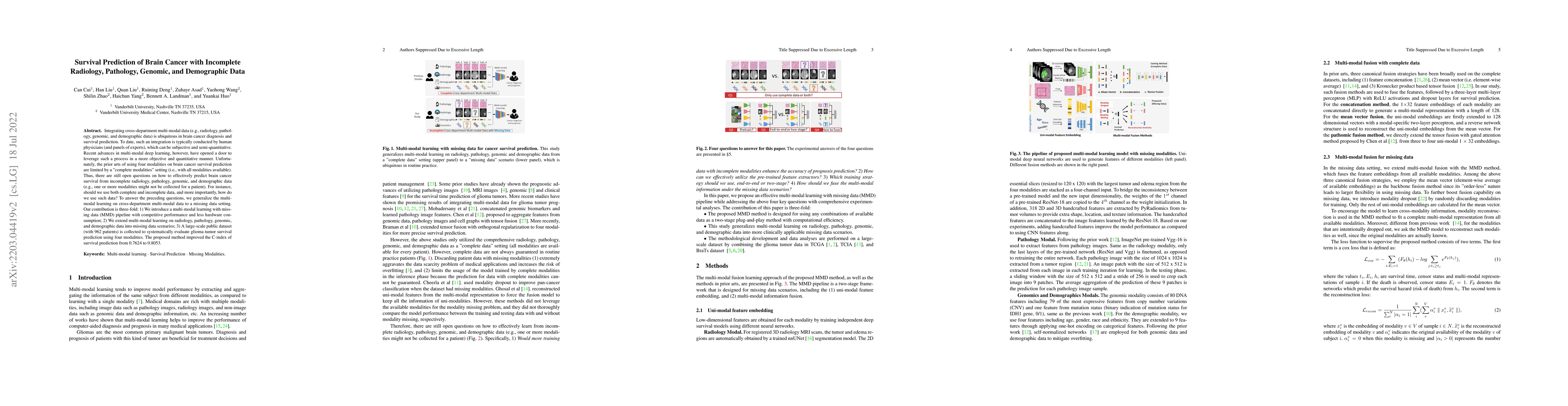 Thumbnail for Survival Prediction of Brain Cancer with Incomplete Radiology,
  Pathology, Genomics, and Demographic Data