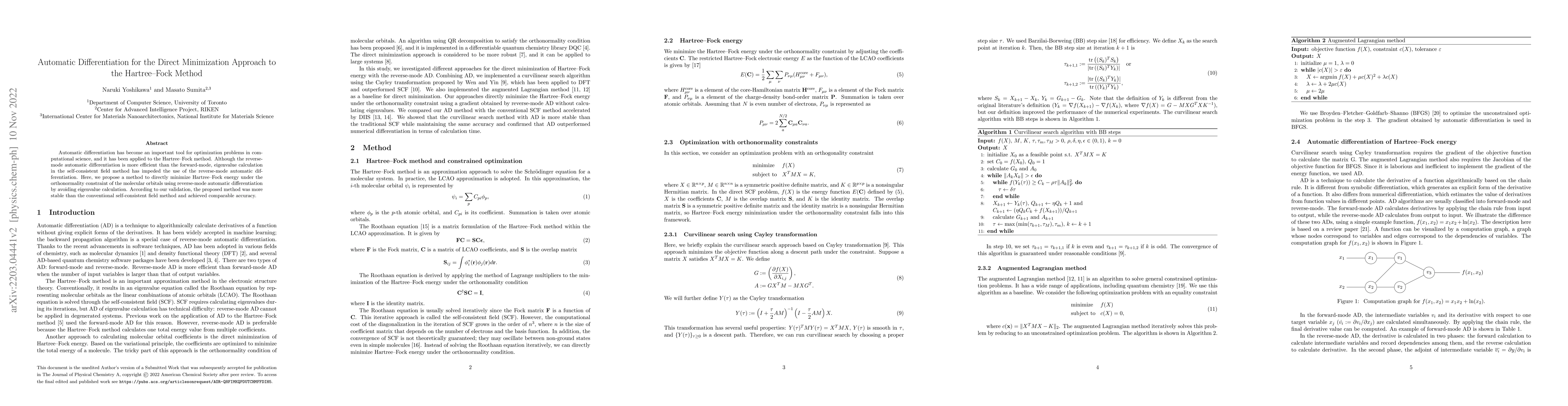 Thumbnail for Automatic Differentiation for the Direct Minimization Approach to the
  Hartree-Fock Method
