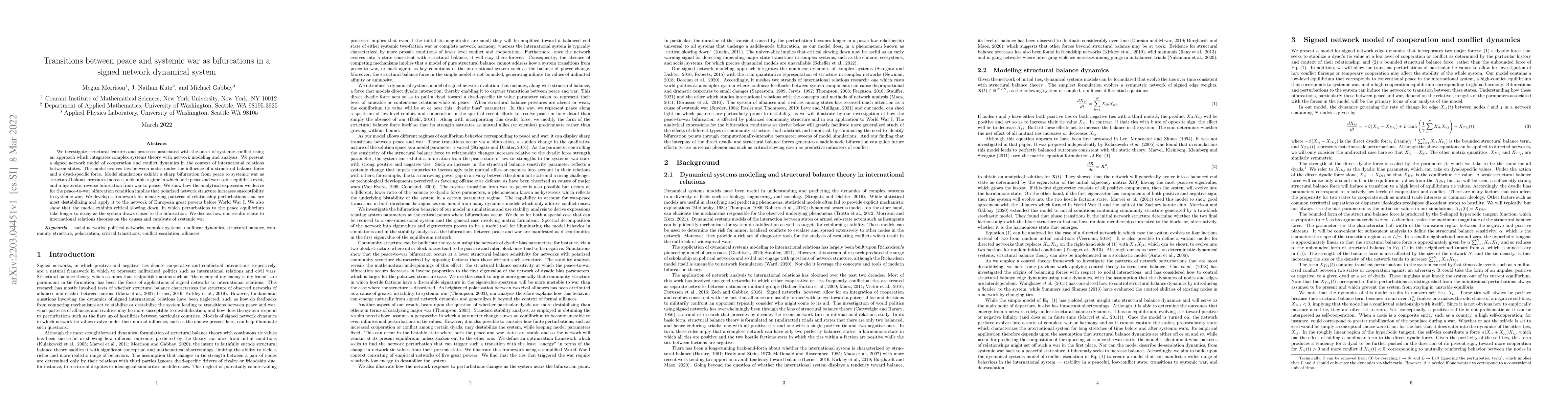 Thumbnail for Transitions between peace and systemic war as bifurcations in a signed
  network dynamical system