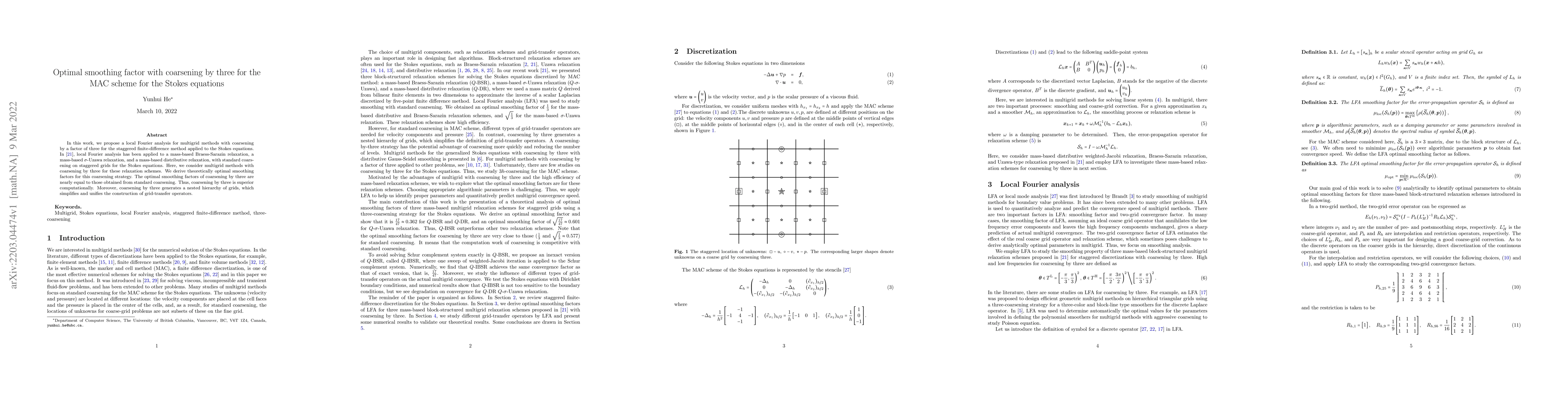 Thumbnail for Optimal smoothing factor with coarsening by three for the MAC scheme for
  the Stokes equations