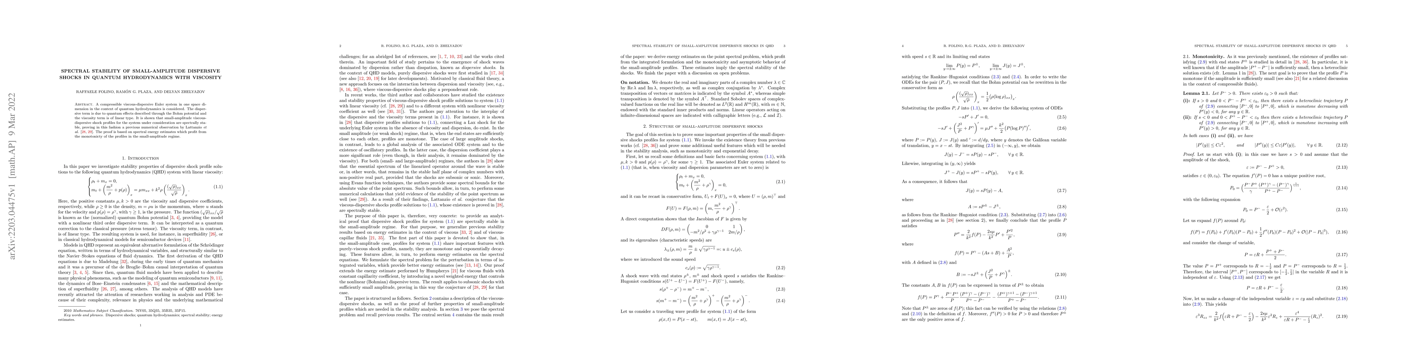 Thumbnail for Spectral stability of small-amplitude dispersive shocks in quantum
  hydrodynamics with viscosity