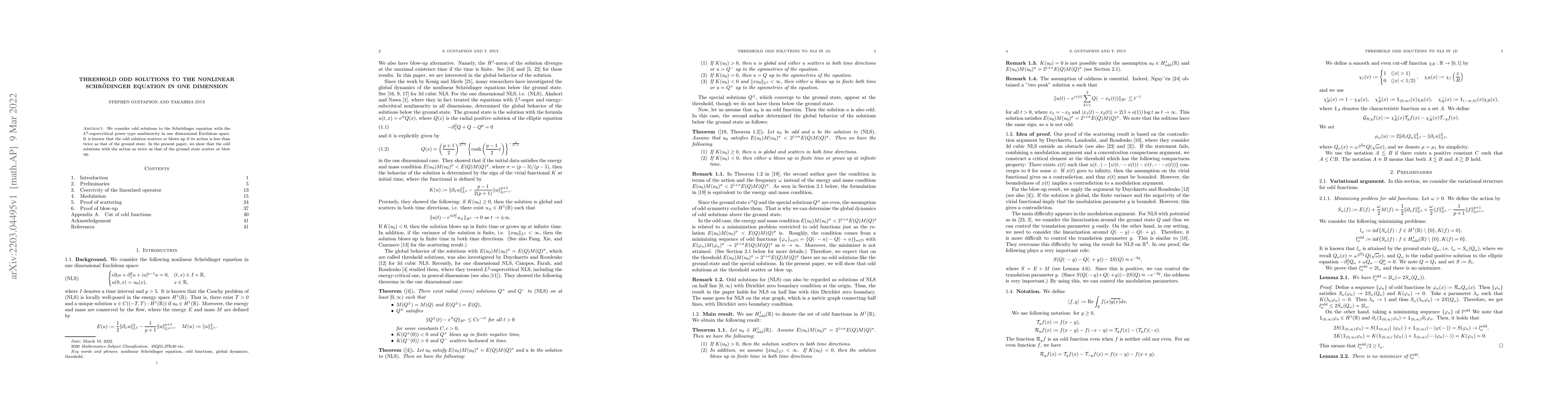 Thumbnail for Threshold odd solutions to the nonlinear Schr\"{o}dinger equation in one
  dimension