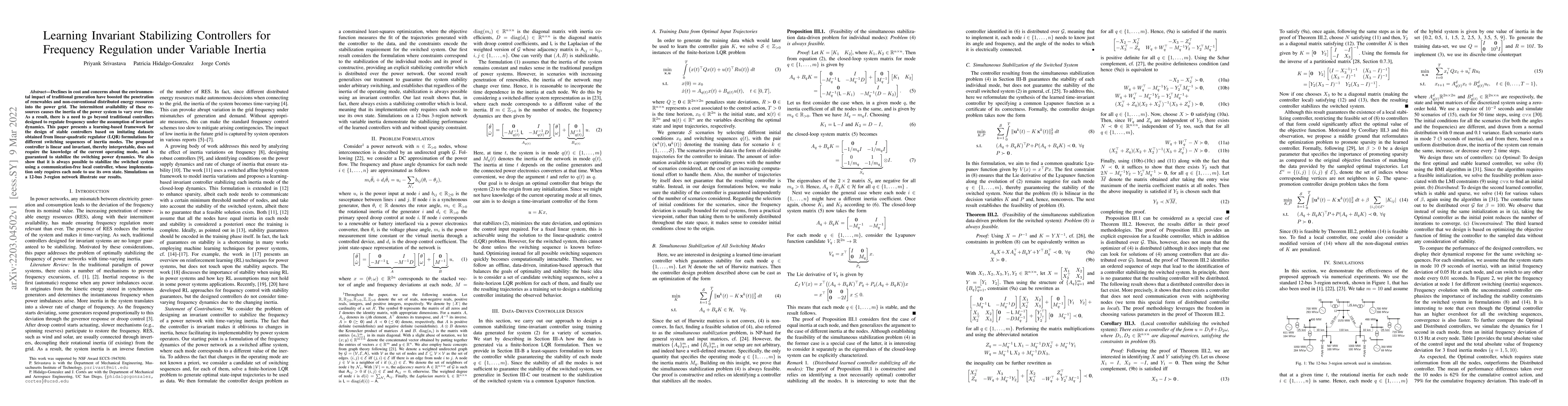 Thumbnail for Learning Invariant Stabilizing Controllers for Frequency Regulation
  under Variable Inertia