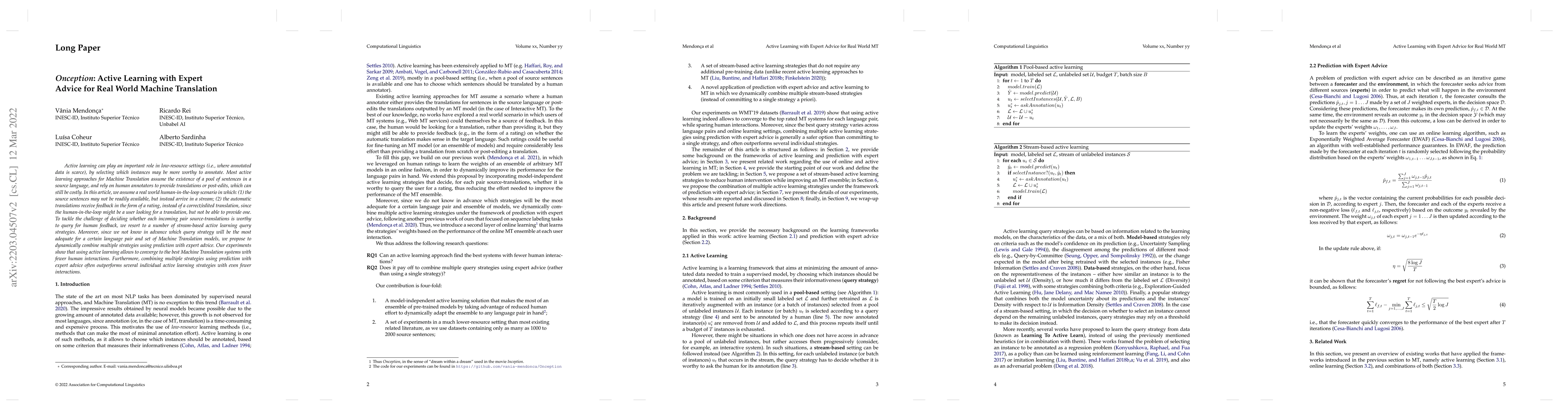 Thumbnail for Onception: Active Learning with Expert Advice for Real World Machine
  Translation