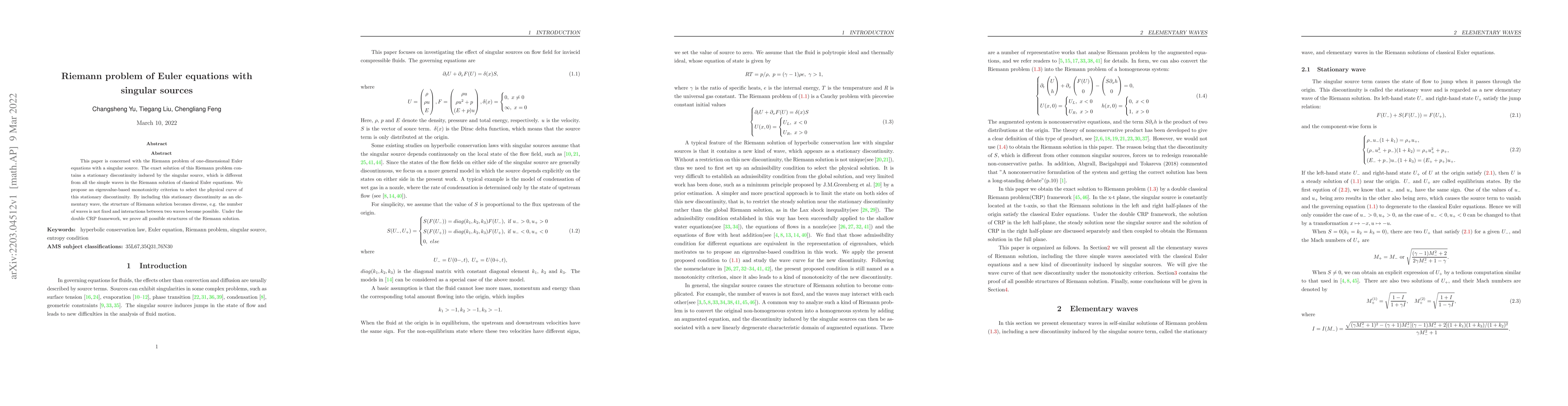 Thumbnail for Riemann problem of Euler equations with singular sources