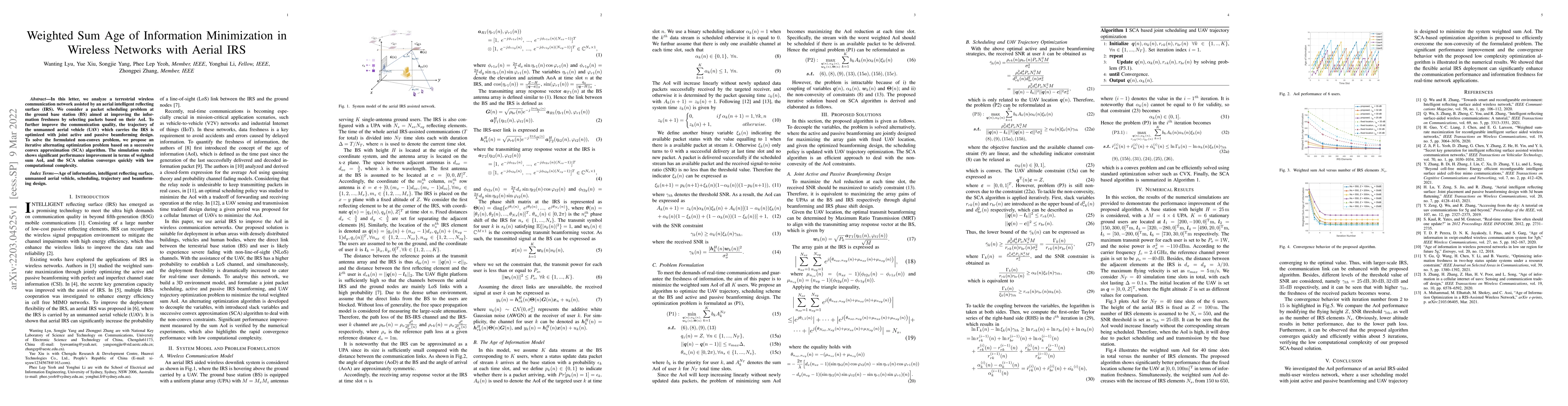 Thumbnail for Weighted Sum Age of Information Minimization in Wireless Networks with
  Aerial IRS