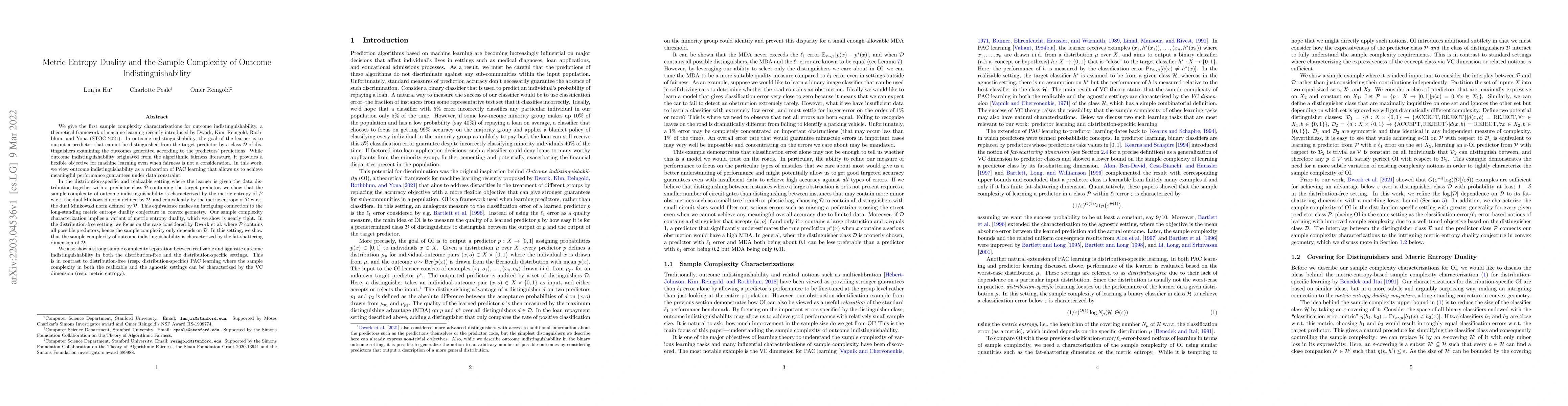 Thumbnail for Metric Entropy Duality and the Sample Complexity of Outcome
  Indistinguishability