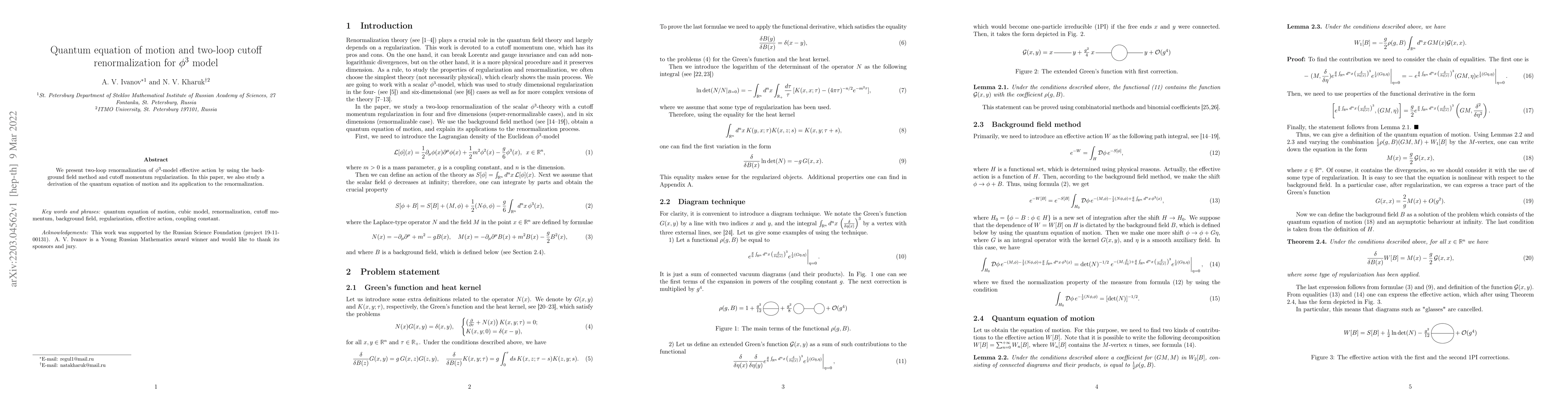 Thumbnail for Quantum equation of motion and two-loop cutoff renormalization for
  $\phi^3$ model