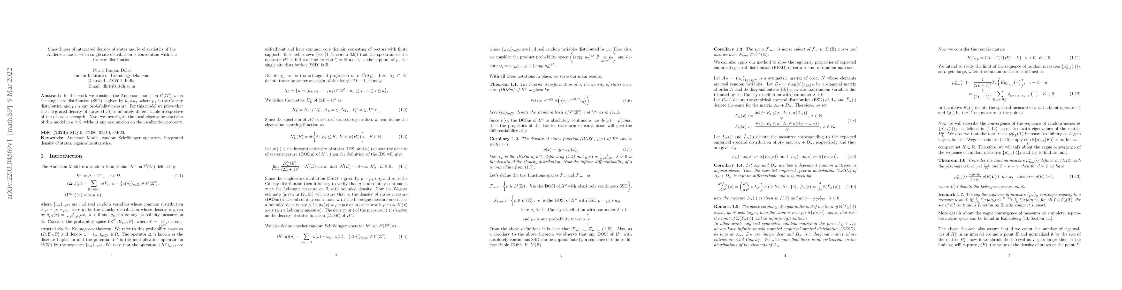 Thumbnail for Smoothness of integrated density of states and level statistics of the
  Anderson model when single site distribution is convolution with the Cauchy
  distribution