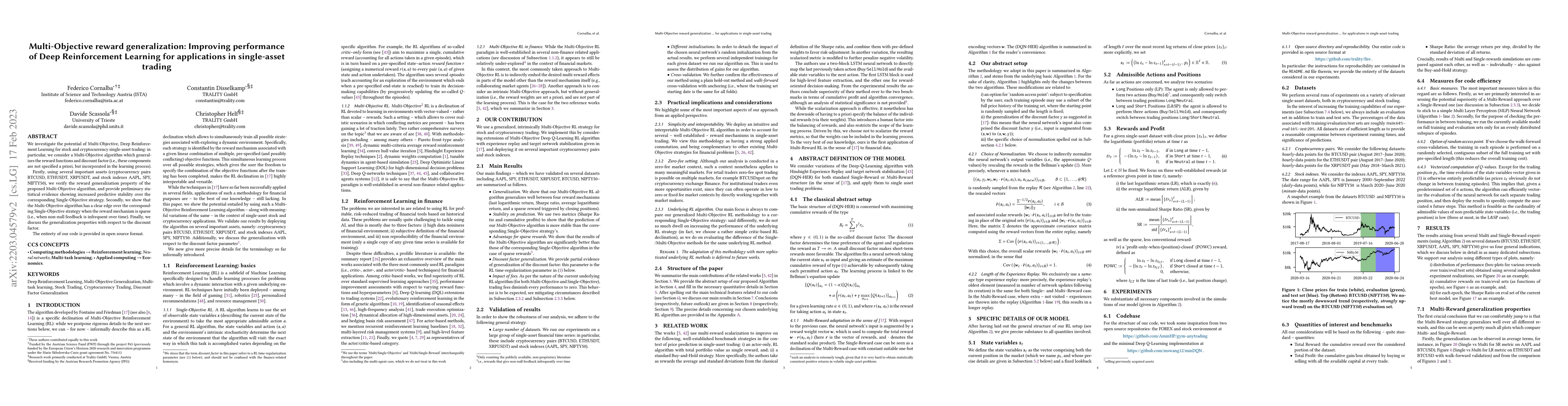 Thumbnail for Multi-Objective reward generalization: Improving performance of Deep
  Reinforcement Learning for applications in single-asset trading