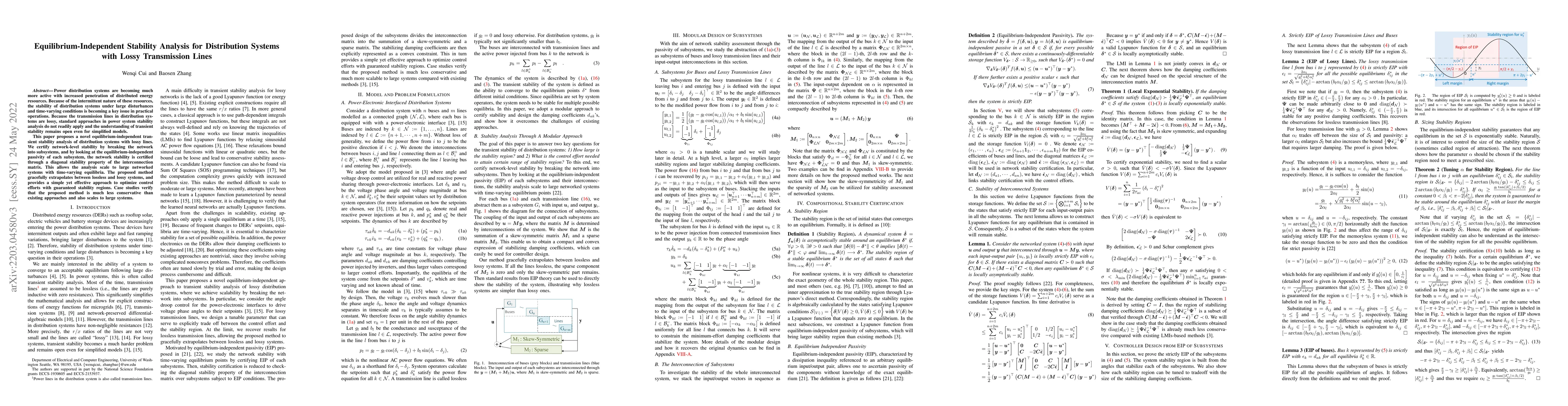 Thumbnail for Equilibrium-Independent Stability Analysis for Distribution Systems with
  Lossy Transmission Lines