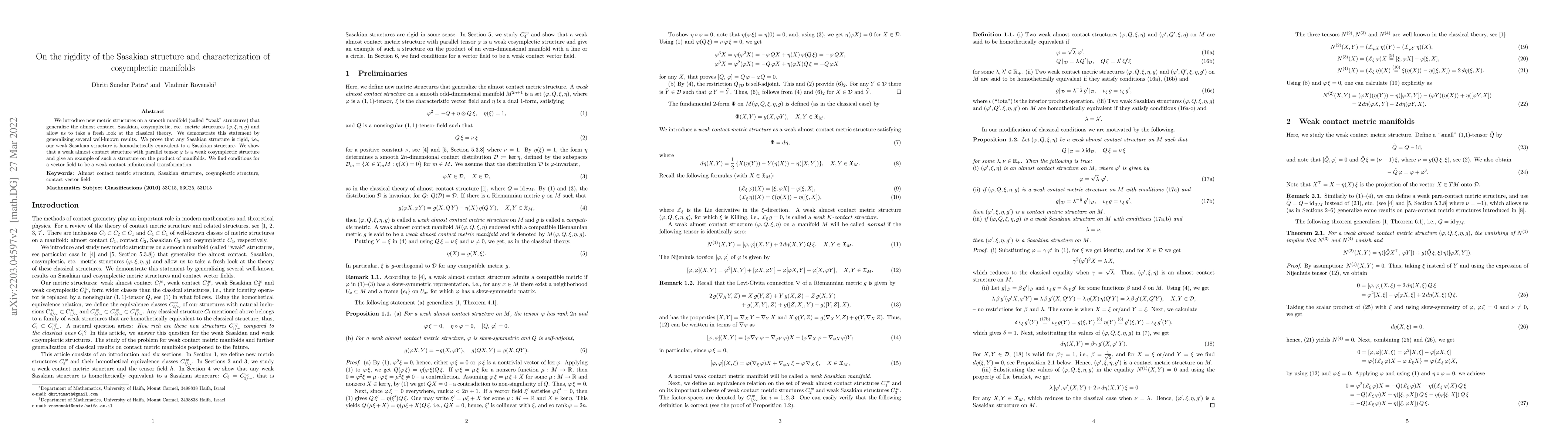 Thumbnail for On the rigidity of the Sasakian structure and characterization of
  cosymplectic manifolds