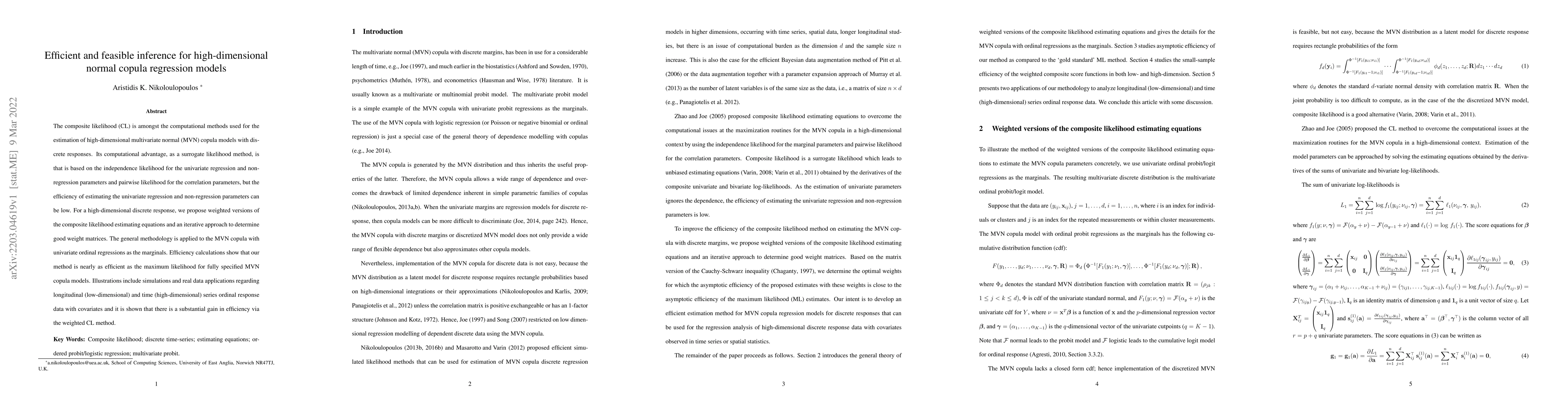 Thumbnail for Efficient and feasible inference for high-dimensional normal copula
  regression models