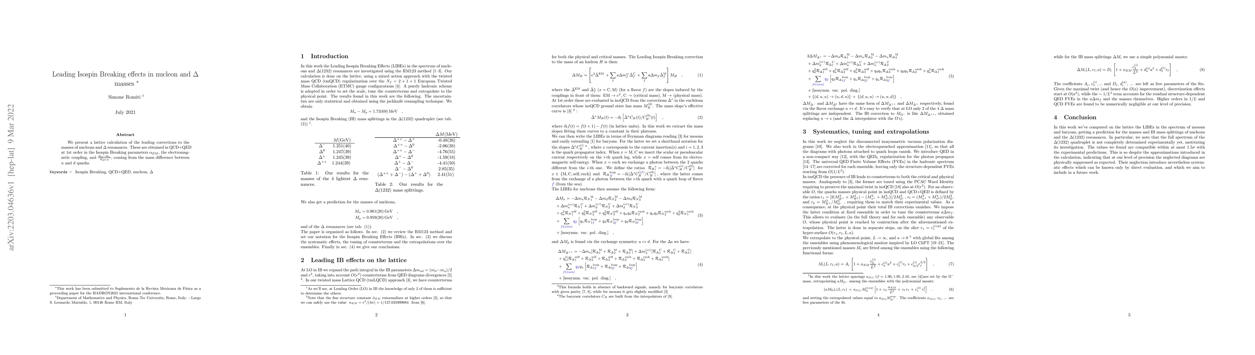 Thumbnail for Leading Isospin Breaking effects in nucleon and $\Delta$ masses