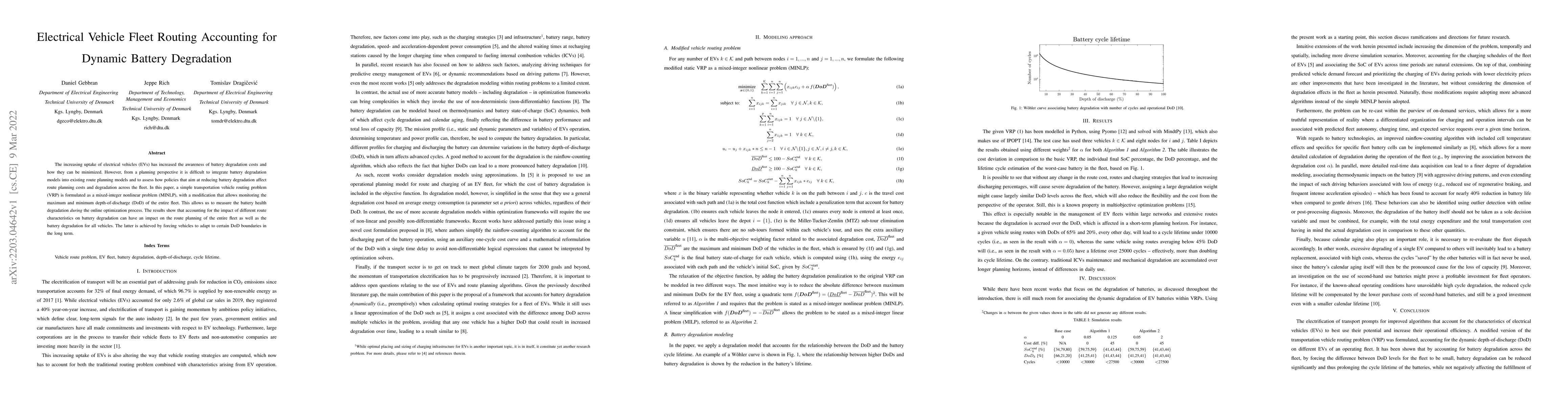 Thumbnail for Electrical Vehicle Fleet Routing Accounting for Dynamic Battery
  Degradation