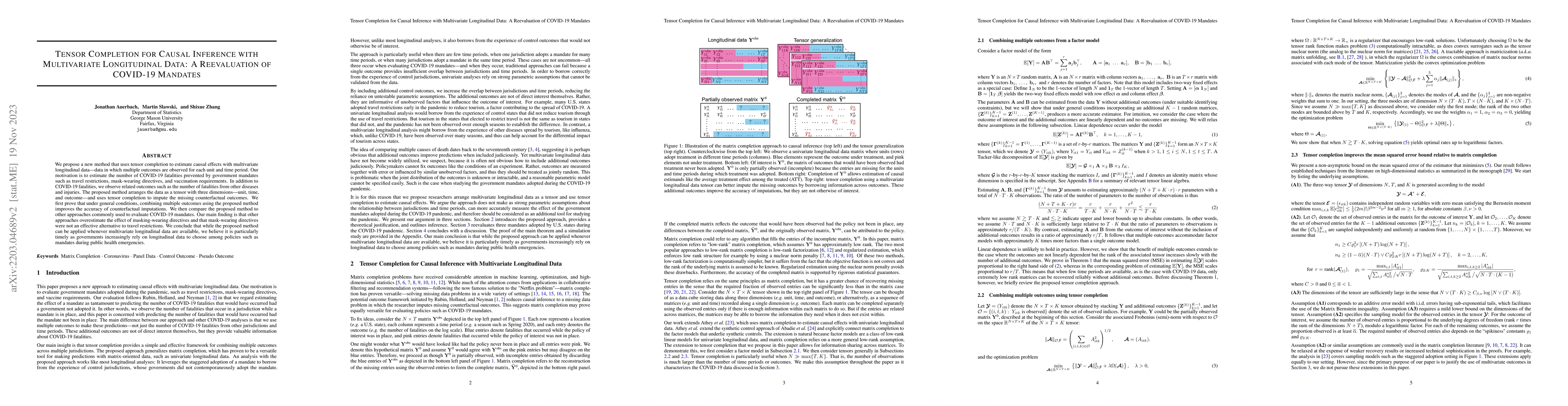 Thumbnail for Tensor Completion for Causal Inference with Multivariate Longitudinal
  Data: A Reevaluation of COVID-19 Mandates