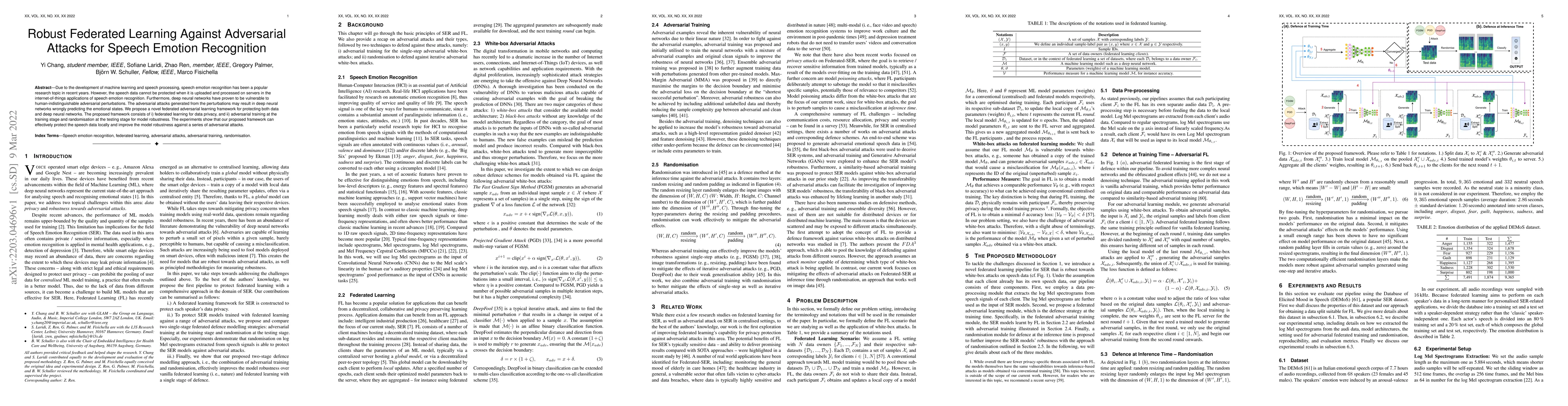 Thumbnail for Robust Federated Learning Against Adversarial Attacks for Speech Emotion
  Recognition
