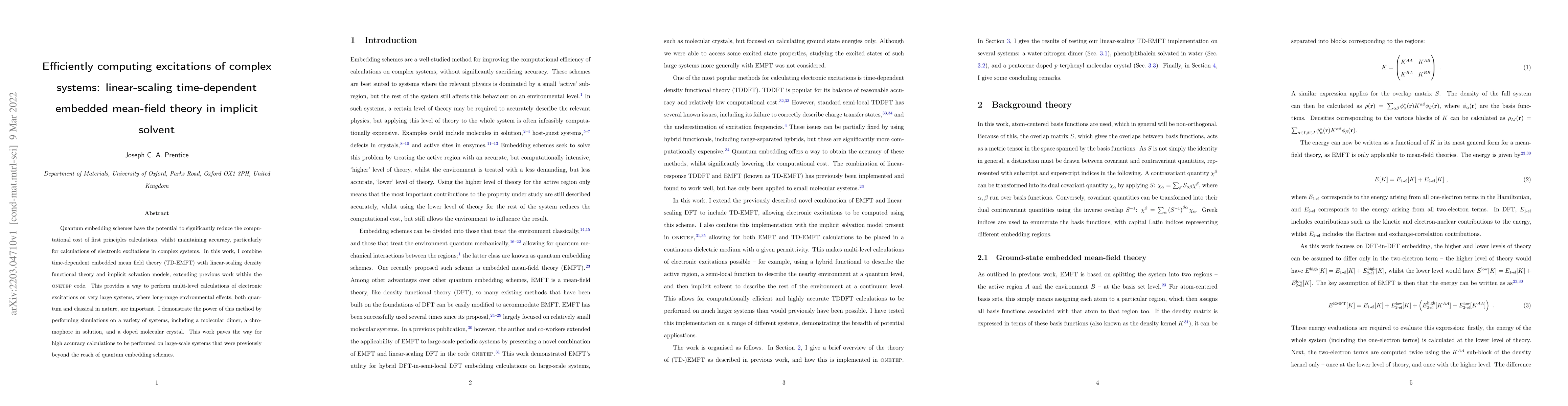 Thumbnail for Efficiently computing excitations of complex systems: linear-scaling
  time-dependent embedded mean-field theory in implicit solvent