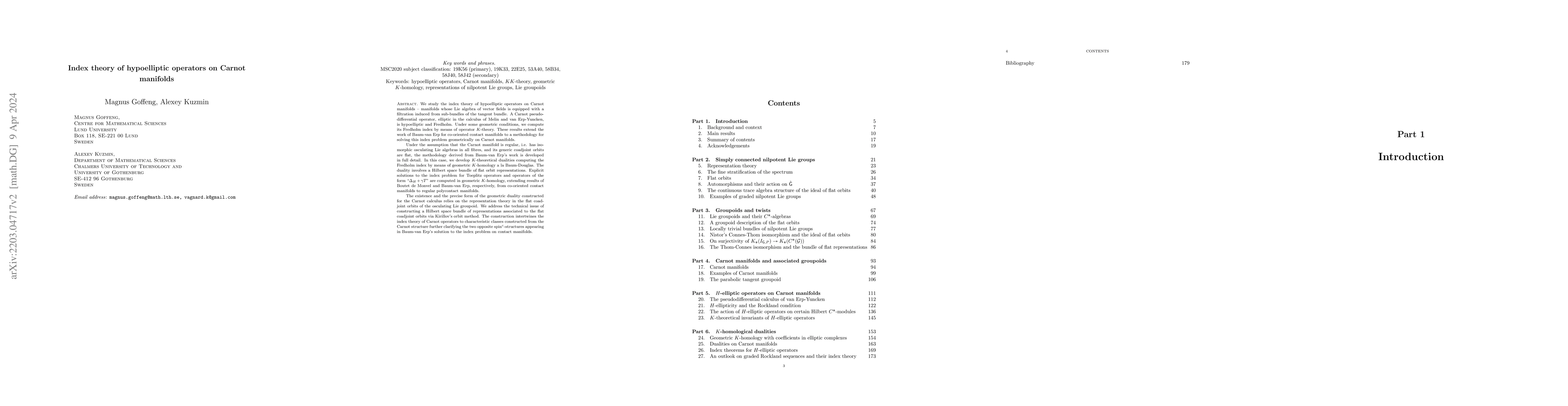 Thumbnail for Index theory of hypoelliptic operators on Carnot manifolds