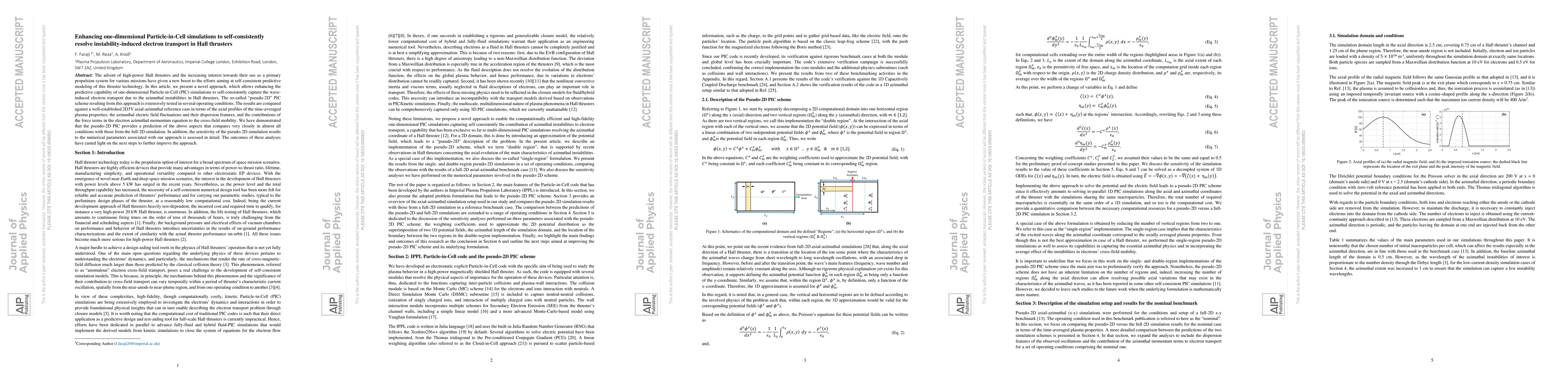 Thumbnail for Enhancing one-dimensional particle-in-cell simulations to
  self-consistently resolve instability-induced electron transport in Hall
  thrusters