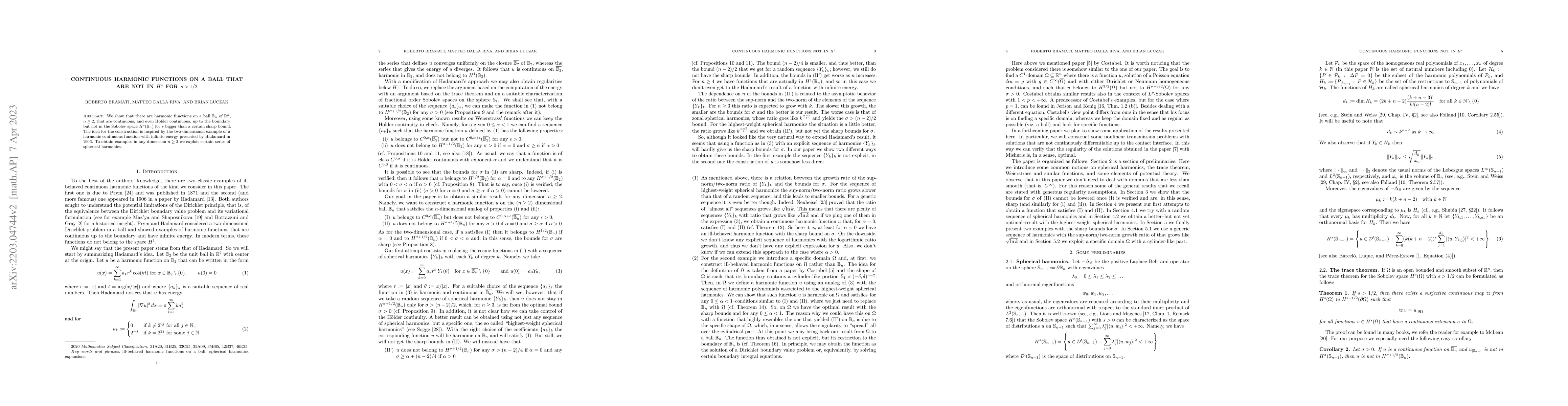 Thumbnail for Continuous harmonic functions on a ball that are not in $H^s$ for
  $s>1/2$