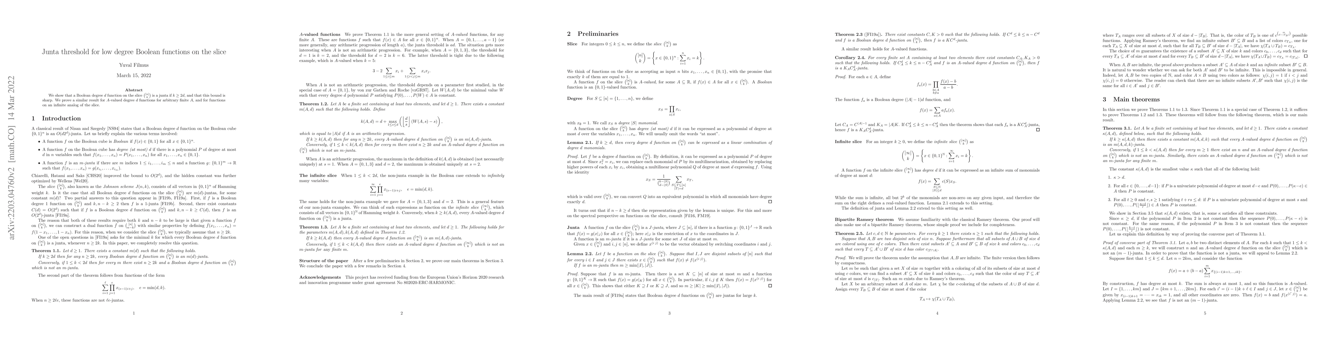 Thumbnail for Junta threshold for low degree Boolean functions on the slice