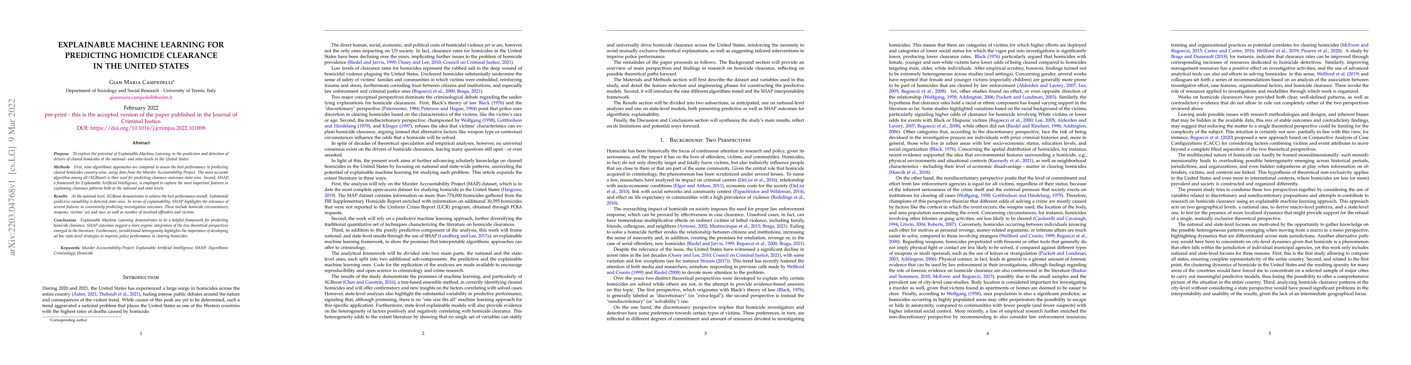 Thumbnail for Explainable Machine Learning for Predicting Homicide Clearance in the
  United States