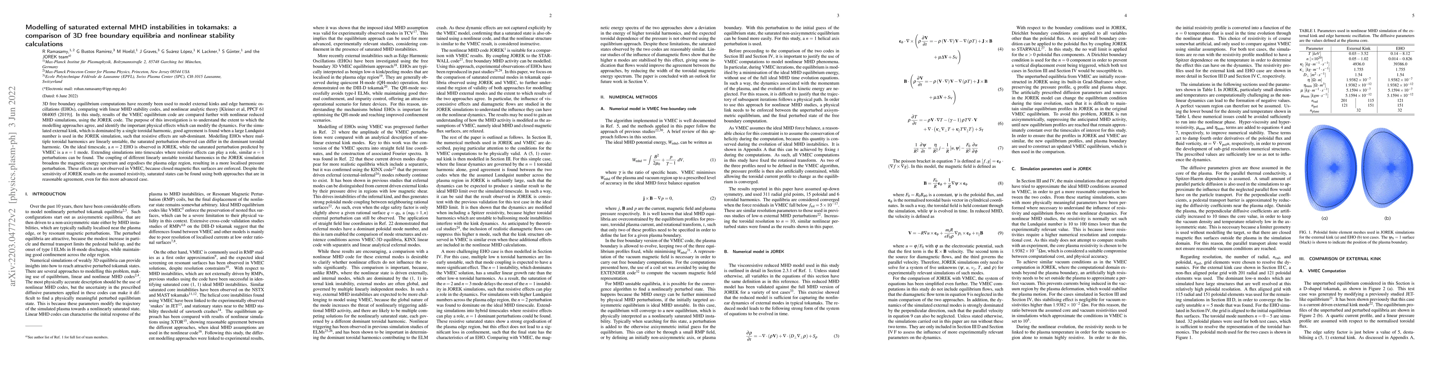 Thumbnail for Modelling of saturated external MHD instabilities in tokamaks: a
  comparison of 3D free boundary equilibria and nonlinear stability
  calculations