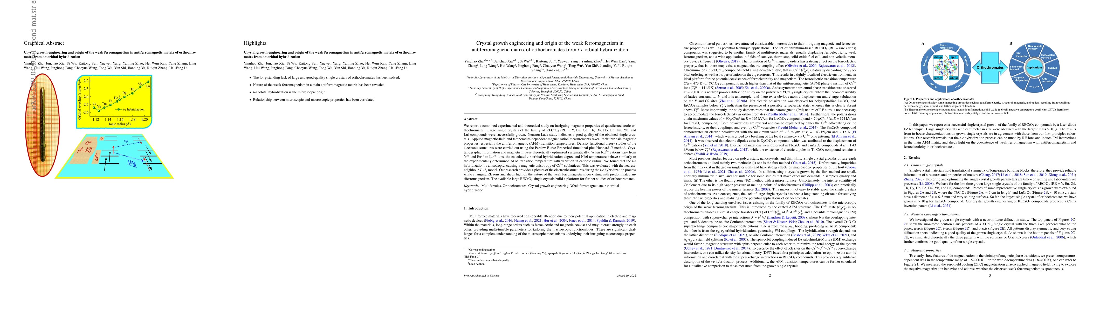 Thumbnail for Crystal growth engineering and origin of the weak ferromagnetism in
  antiferromagnetic matrix of orthochromates from $t$-$e$ orbital hybridization