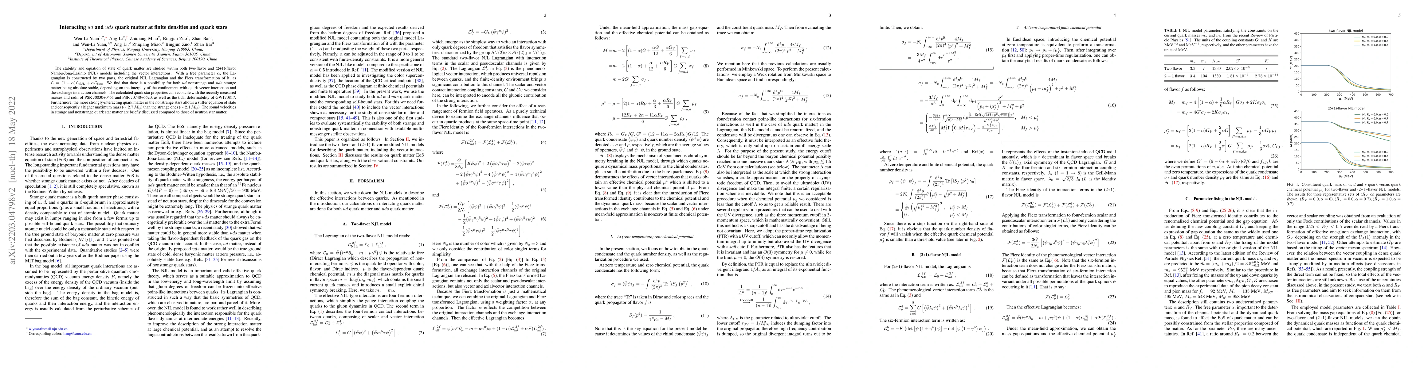 Thumbnail for Interacting $ud$ and $uds$ quark matter at finite densities and quark
  stars