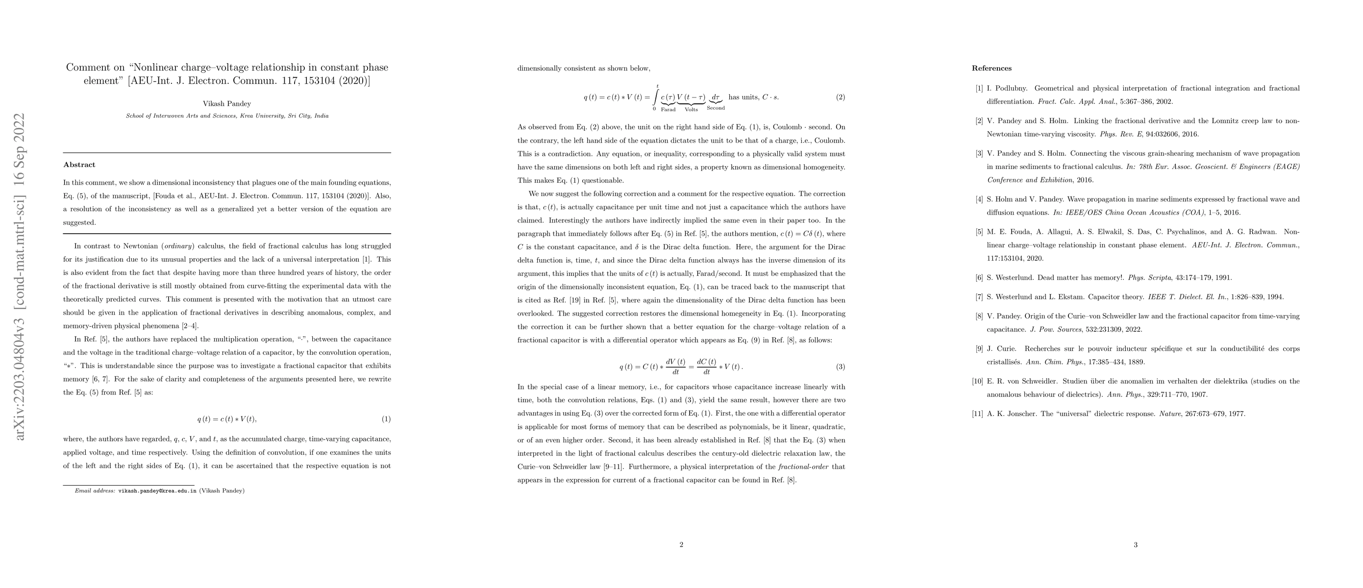 Thumbnail for Comment on "Nonlinear charge--voltage relationship in constant phase
  element" [AEU-Int. J. Electron. Commun. 117, 153104 (2020)]
