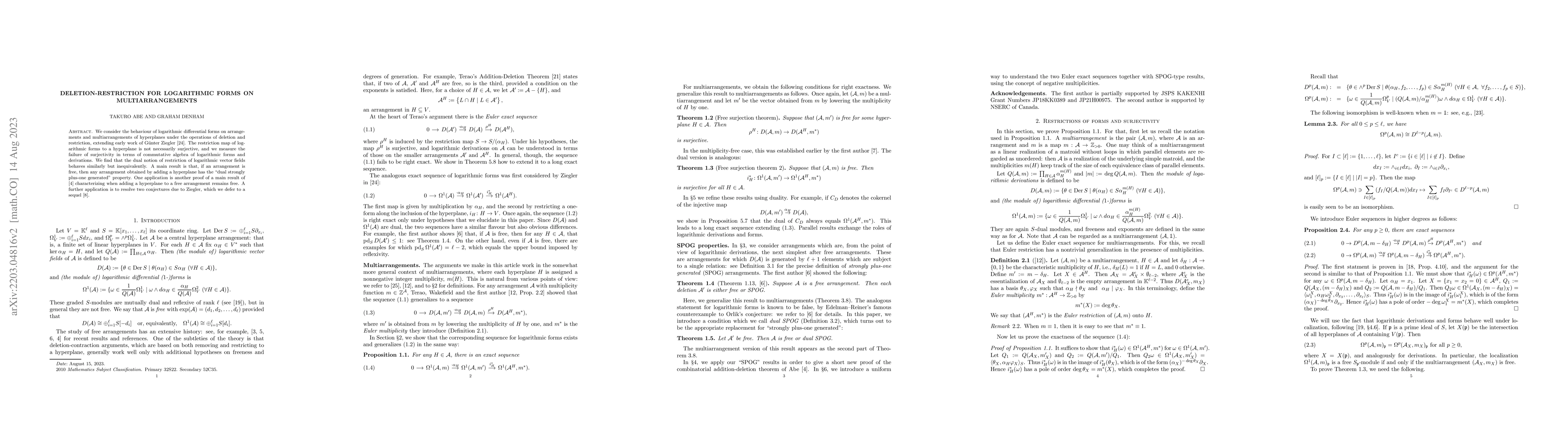 Thumbnail for Deletion-Restriction for Logarithmic Forms on Multiarrangements