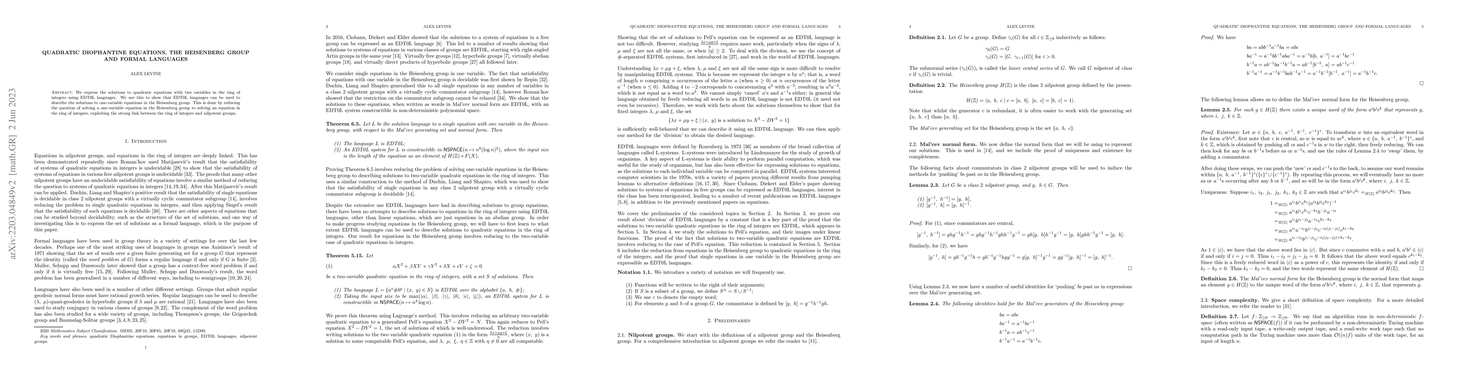 Thumbnail for Quadratic Diophantine equations, the Heisenberg group and formal
  languages