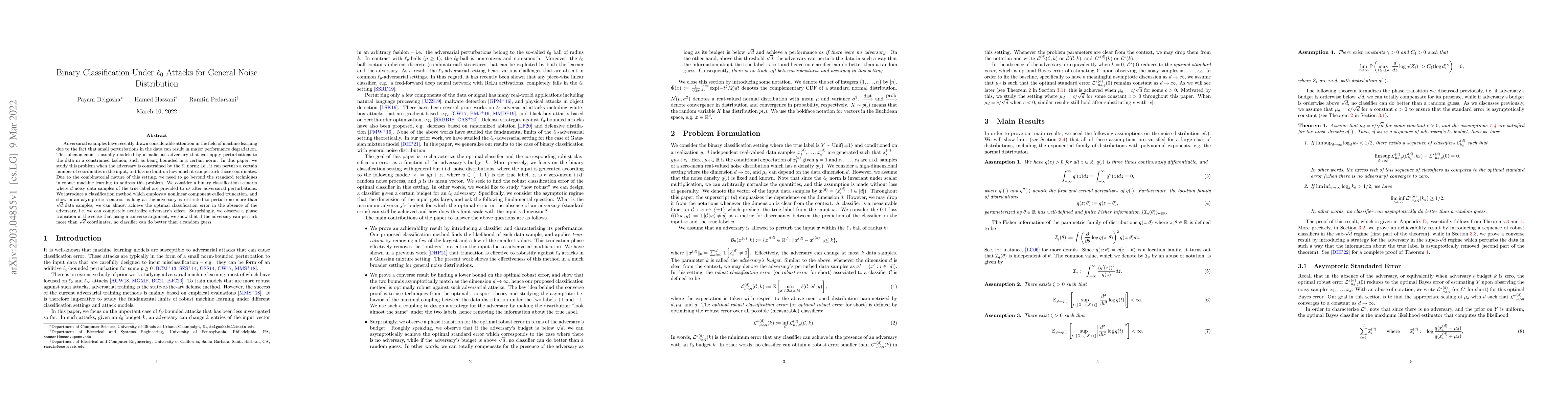 Thumbnail for Binary Classification Under $\ell_0$ Attacks for General Noise
  Distribution