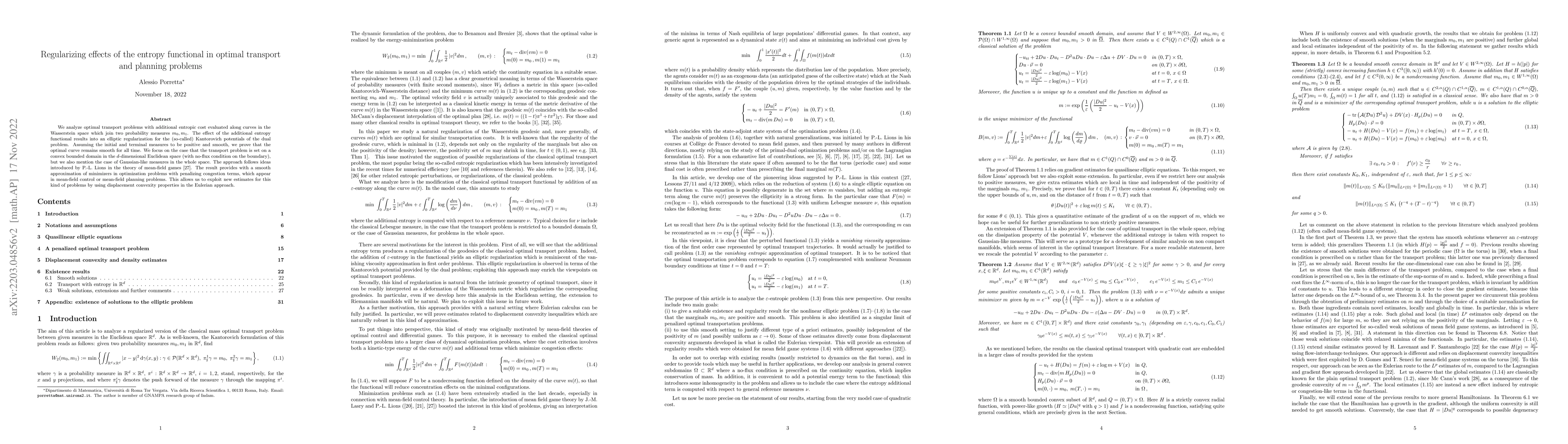 Thumbnail for Regularizing effects of the entropy functional in optimal transport and
  planning problems