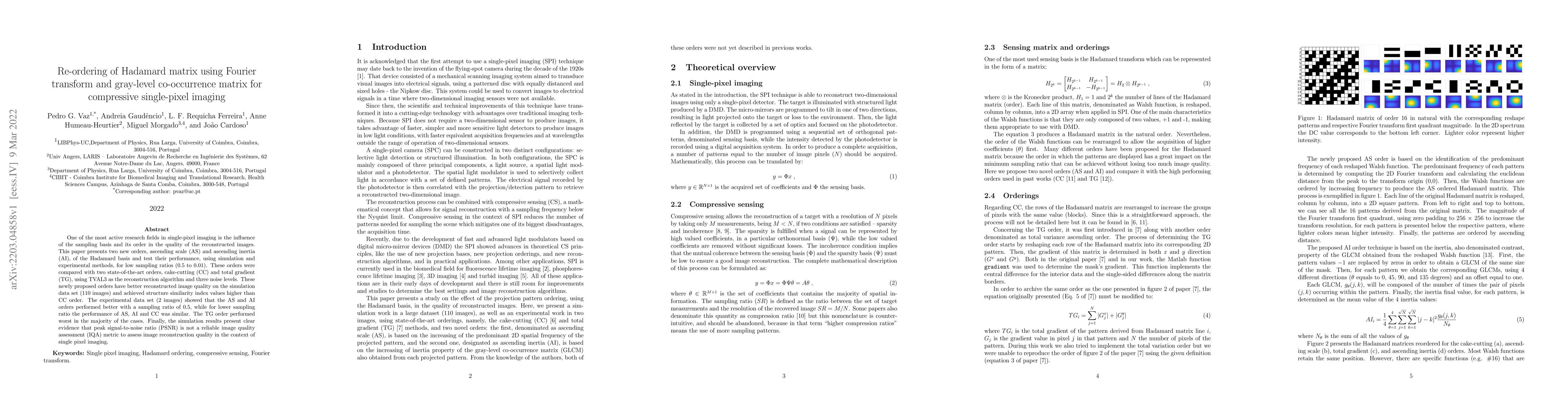 Thumbnail for Re-ordering of Hadamard matrix using Fourier transform and gray-level
  co-occurrence matrix for compressive single-pixel imaging