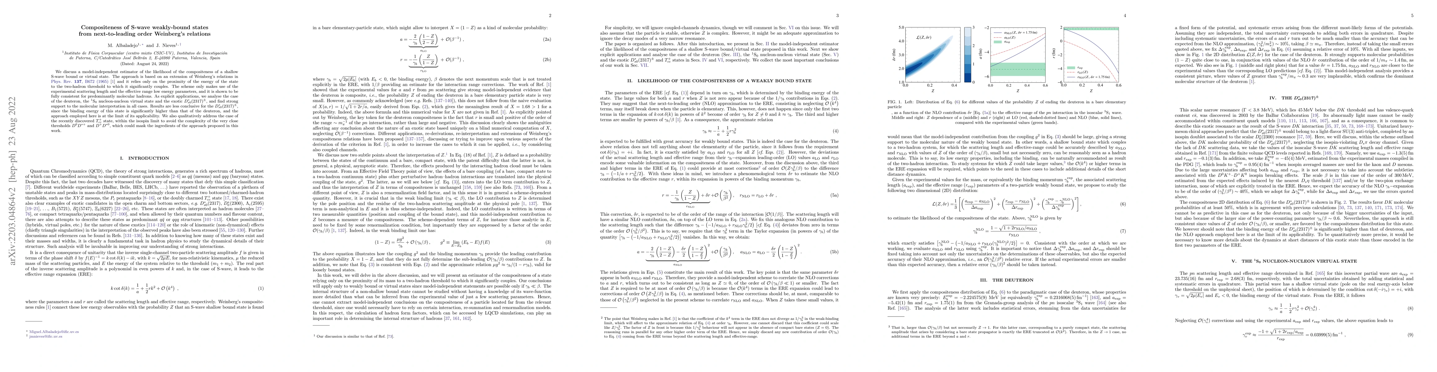 Thumbnail for Compositeness of S-wave weakly-bound states from next-to-leading order
  Weinberg's relations
