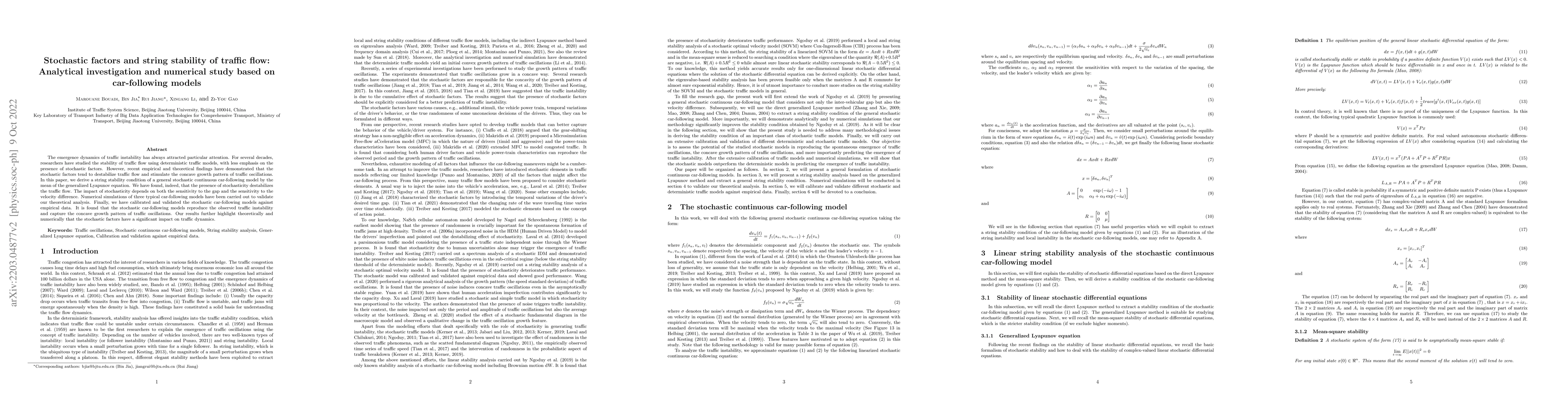 Thumbnail for Stochastic factors and string stability of traffic flow: Analytical
  investigation and numerical study based on car-following models
